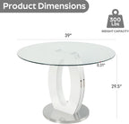 RGZ 39'' Modern Luxury Clear Glass Round Dining Table for 4-6, Glass Circle Top Kitchen Table with Elegant Silver Decorative Strips & White Silver Base, Dinner Table for Home, Living Room, Apartment