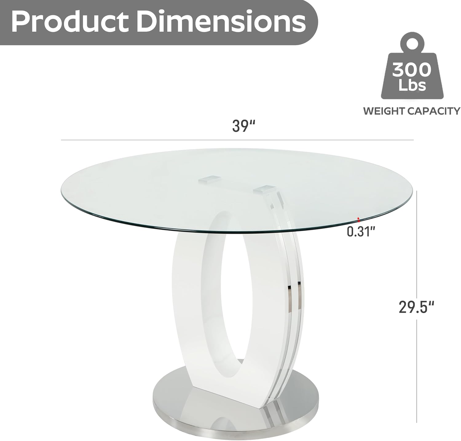 RGZ 39'' Modern Luxury Clear Glass Round Dining Table for 4-6, Glass Circle Top Kitchen Table with Elegant Silver Decorative Strips & White Silver Base, Dinner Table for Home, Living Room, Apartment