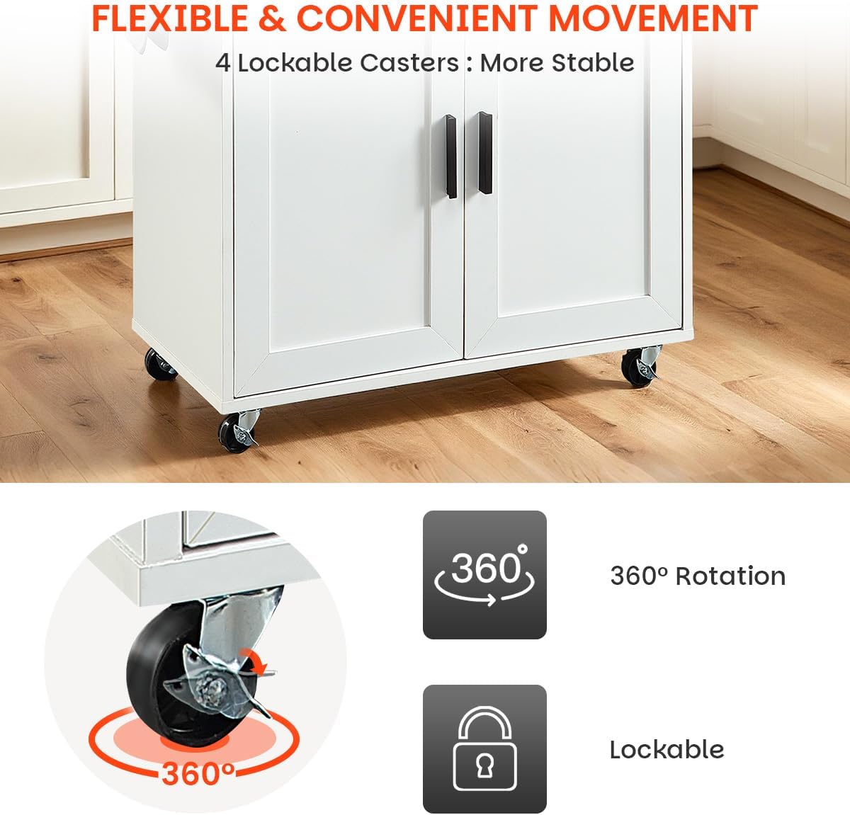 Kitchen Island with Storage, Rolling Kitchen Island on Wheels with Scalable,Open Spice Rack Shelf, Door Cabinet，Kitchen Cart Island Table for Kitchen, White