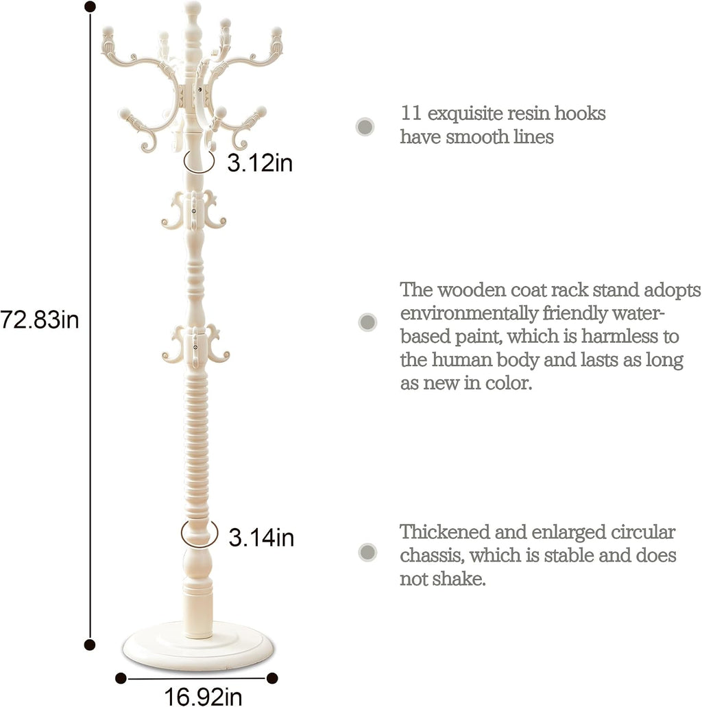 Wooden Coat Rack Free standing 18 Hooks, Vintage Coat Rack Stand for Entryway, Adjustable Height 73", Heavy Duty Coat Tree with Solid Round Base for Home Bedroom, Office (vintage White)