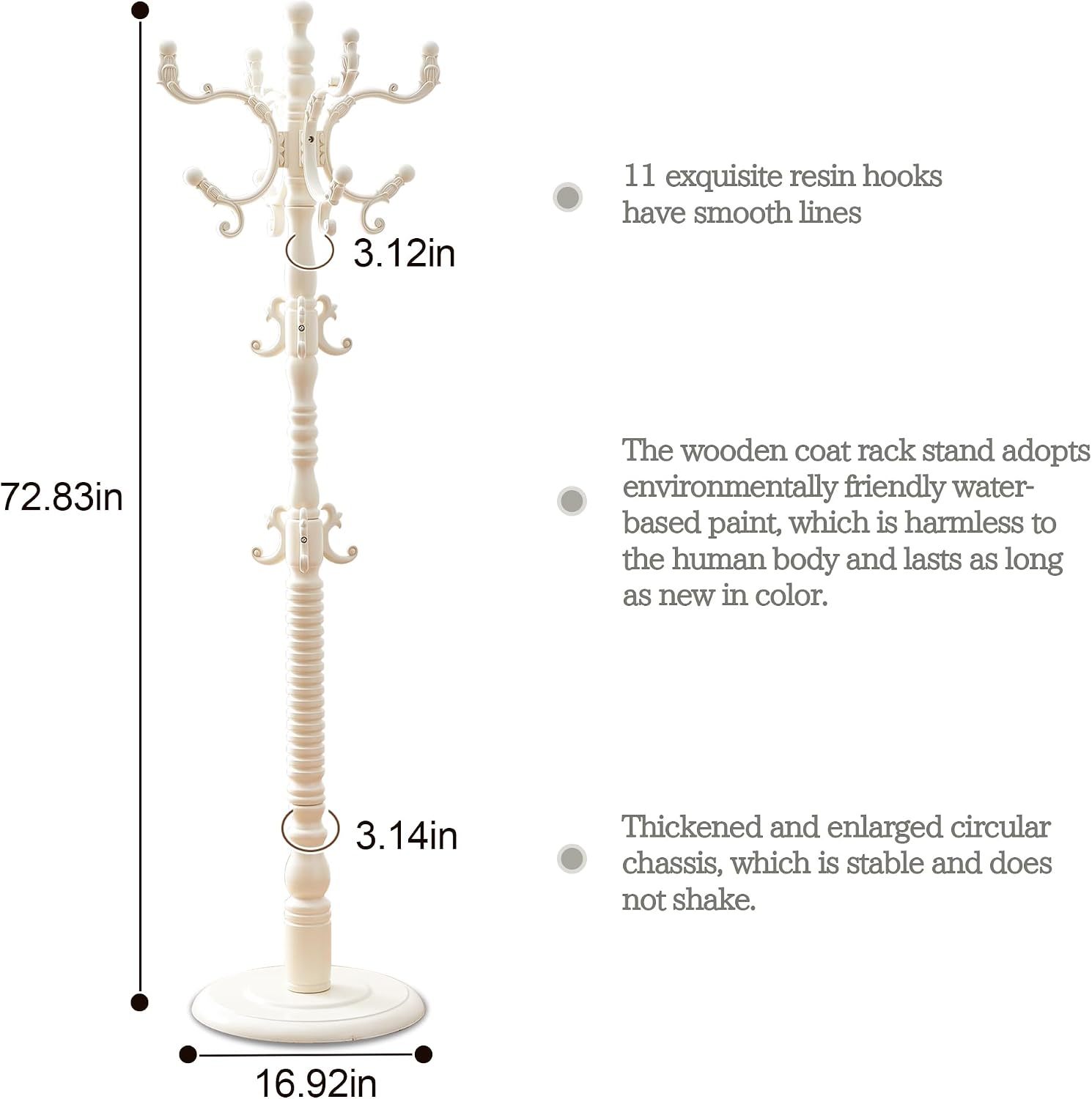 Wooden Coat Rack Free standing 18 Hooks, Vintage Coat Rack Stand for Entryway, Adjustable Height 73", Heavy Duty Coat Tree with Solid Round Base for Home Bedroom, Office (vintage White)