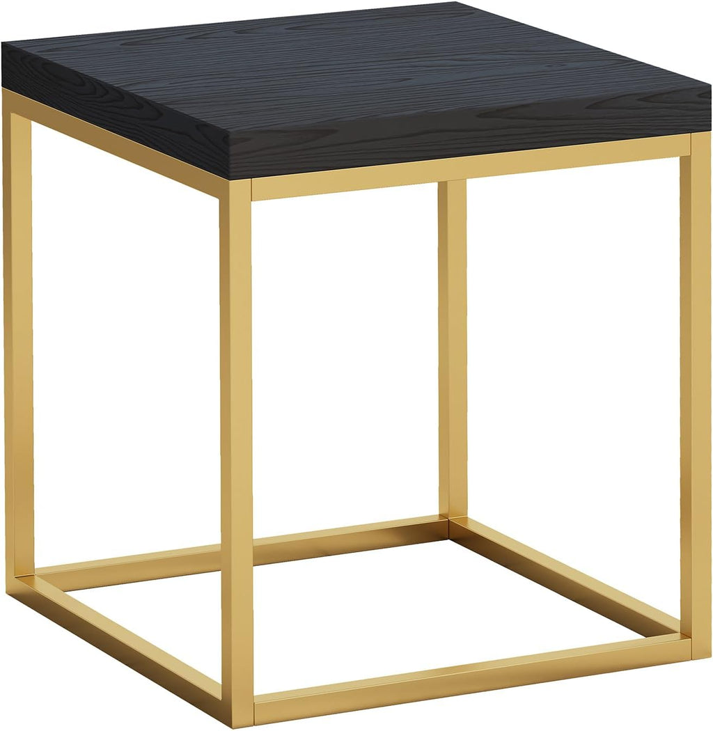 CENSI Modern Square End Table/Side Table, 18", Gold and Black | Extra Thick 1.6" Wood Top, Metal Frame, Industrial Nightstand, Black Oak Finish