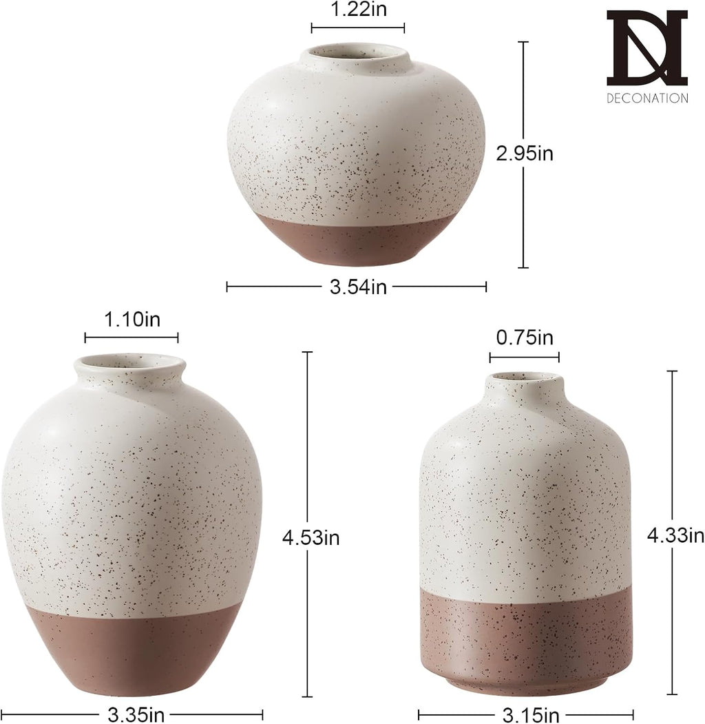 Ceramic Vase Set of 3, Vases Home Decor Rustic Farmhouse Decor, Small Pottery Vases for Bouquet Pampas Grass Dried Fresh Flowers, Living Room, Kitchen, Bedroom, Bathroom, Mantel Decor - Beige&Brown