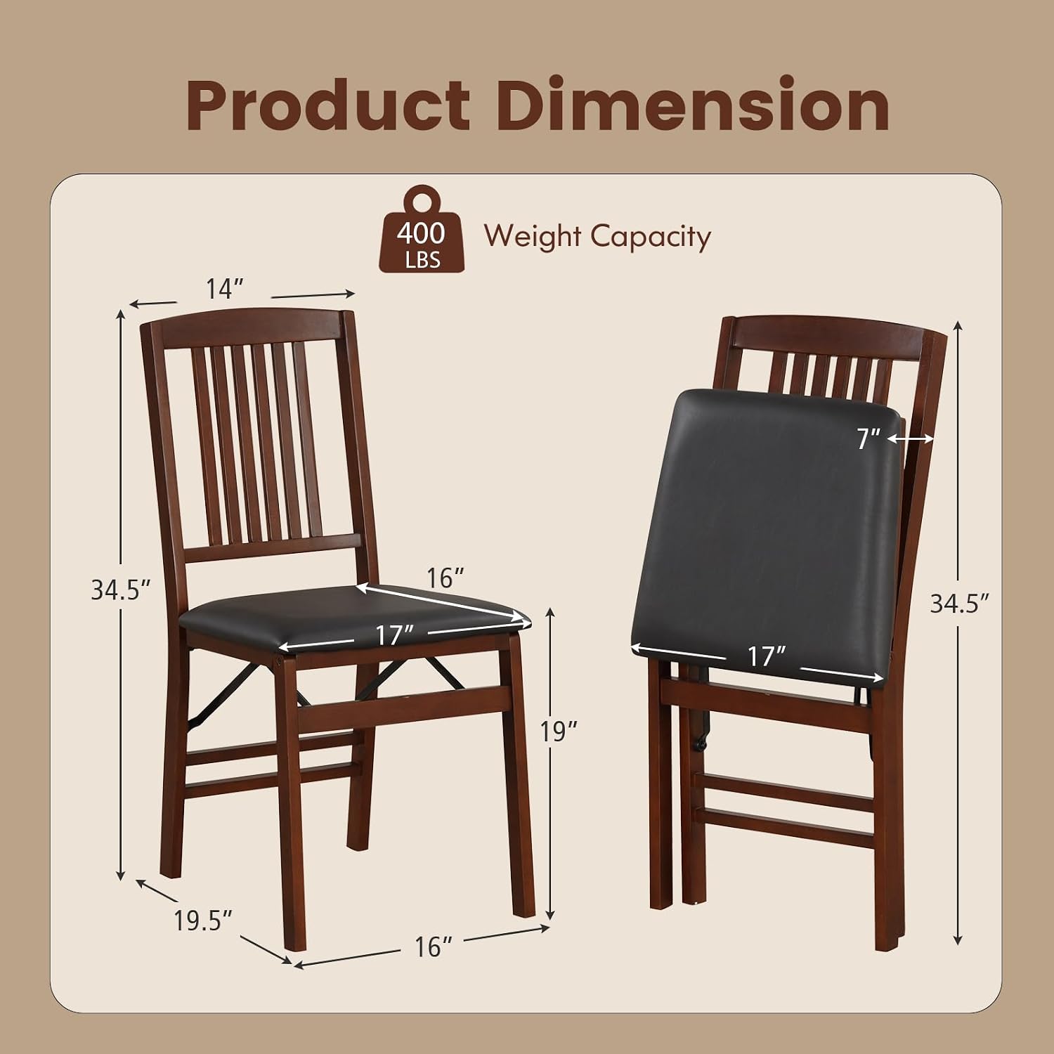 POWERSTONE Folding Dining Chairs Set of 4, Space Saving Foldable Kitchen Chairs with Padded Seat, Slatted Backrest, Solid Wood Frame, No Assembly for Dining Room Apartment Small Spaces