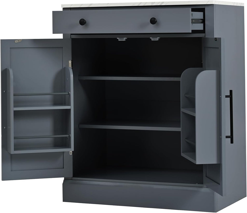Bellemave Freestanding Coffee Bar Cabinet with Drawer & Adjustable Shelves, 35.4" H Kitchen Storage Cabinet,Coffee Bar Organizer for Small Spaces, White Marble Countertop, Anti-Tip Design.(Gray)