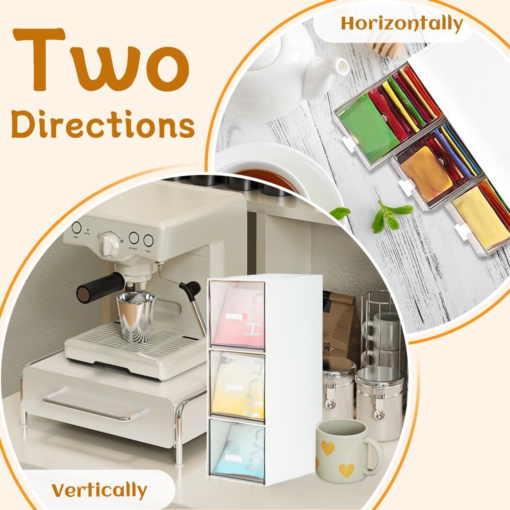 2 Pcs Plastic Tea Bag Organizer with 3 Drawers, Clear Lid Tea Bag Storage | White Tea Box with Label, Stackable Storage Drawers, Use for Sugar Sachets, Tea Bags, Coffee Storage