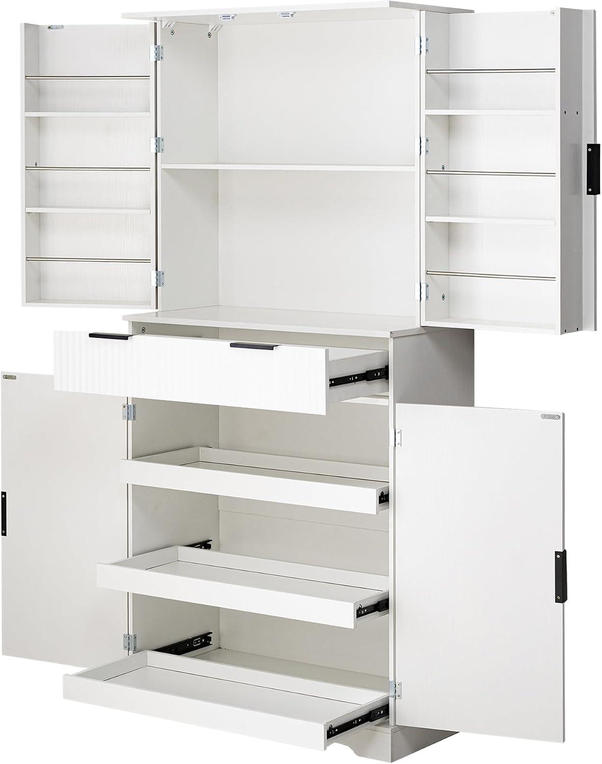 72" Fluted Kitchen Pantry Cabinet with 3 Pull Out Cabinet Organizers, 6 Door Shelves & 1 Drawer, Large Farmhouse Freestanding Cupboard for Kitchen, Dining Room, Living Room (White)