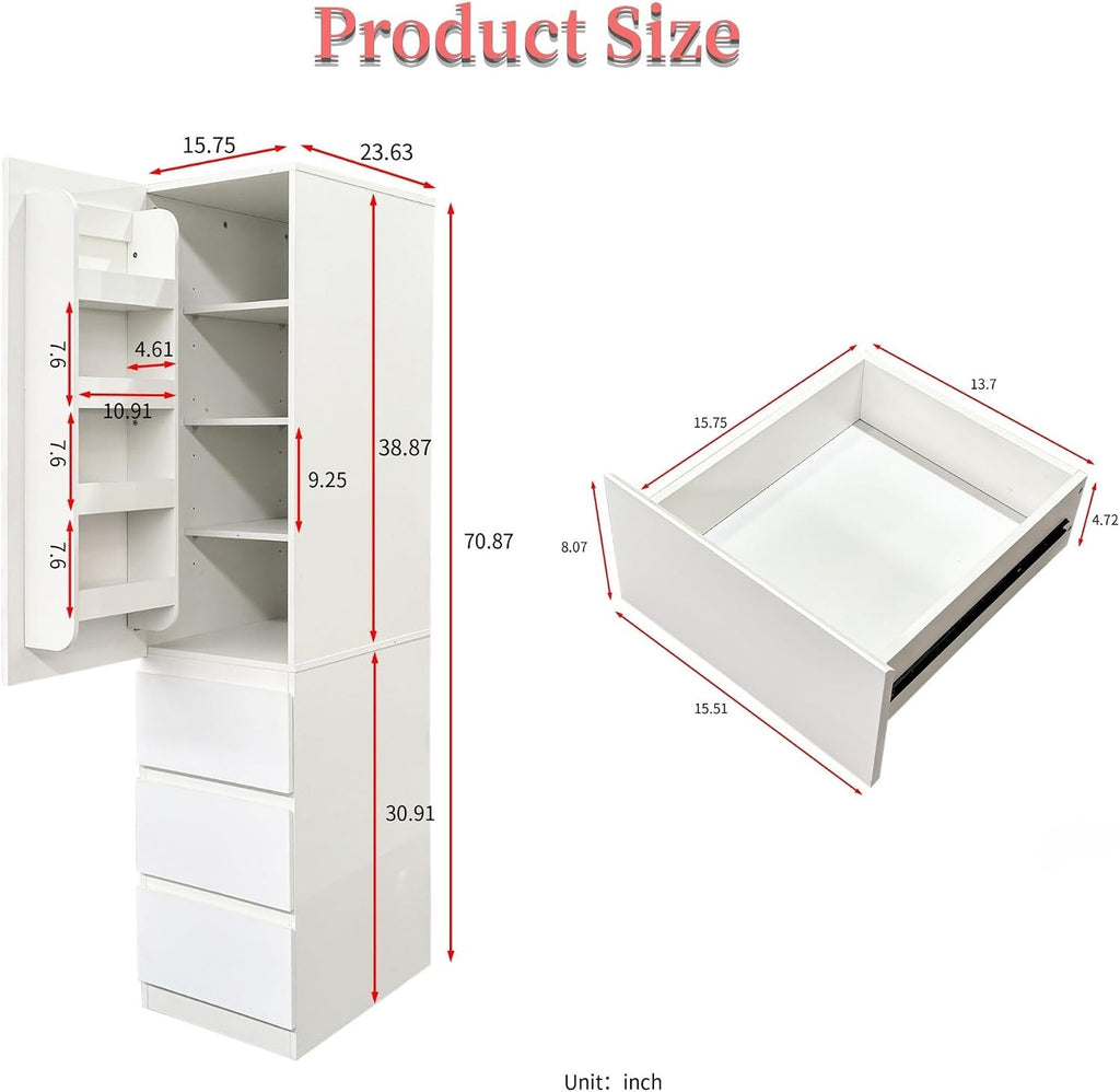 71" Tall Kitchen Pantry Cabinet with Storage, Modern Kitchen Storage Cabinet with 3 Drawers and Cabinet Door Organzier, Kitchen Cupboard with Adjustable Shelves for Dining Room, White