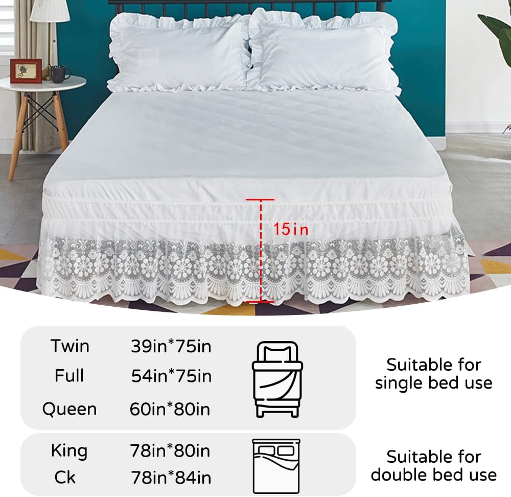 White Lace Bed Skirt for Full Bed - 15in. Drop, Easy Fit Ruffle Bedskirt Wrap Around Bed Skirt, Anti Wrinkle & Fade Resistant
