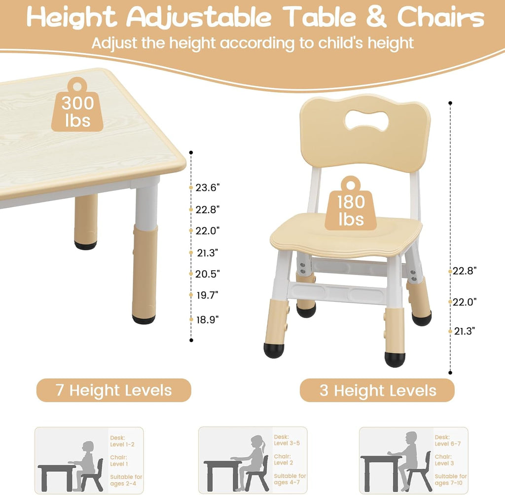 Jojoka Kids Table and 2 Chairs Set, Height Adjustable Toddler Table Chairs for Ages 2-10, Graffiti Desktop with Non-Slip Legs, Child Table Set for Home Daycare Classroom