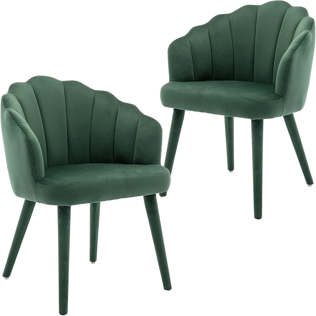 Velvet Dining Chairs Set of 2 Modern Living Room Chairs with Petal Back & Wood Legs Comfy Upholstered Accent Chair Side Chair for Dining Room/Bedroom/Vanity, Green