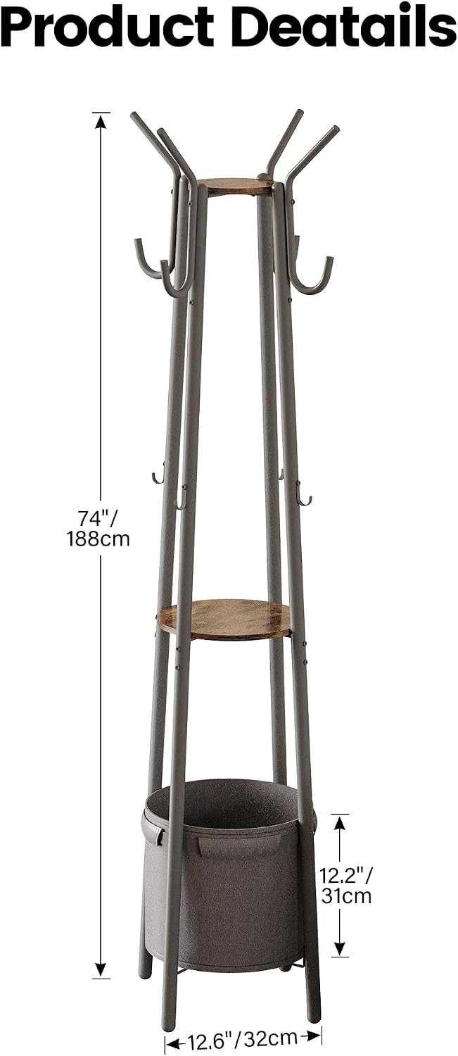 Homeiju Coat Rack with Storage Basket & 12 Hooks, Freestanding Heavy Duty Hall Tree for Entryway, Standing Coat Rack Stand for Hallway, Bedroom, Office