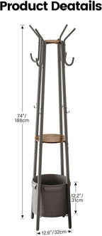 Homeiju Coat Rack with Storage Basket & 12 Hooks, Freestanding Heavy Duty Hall Tree for Entryway, Standing Coat Rack Stand for Hallway, Bedroom, Office