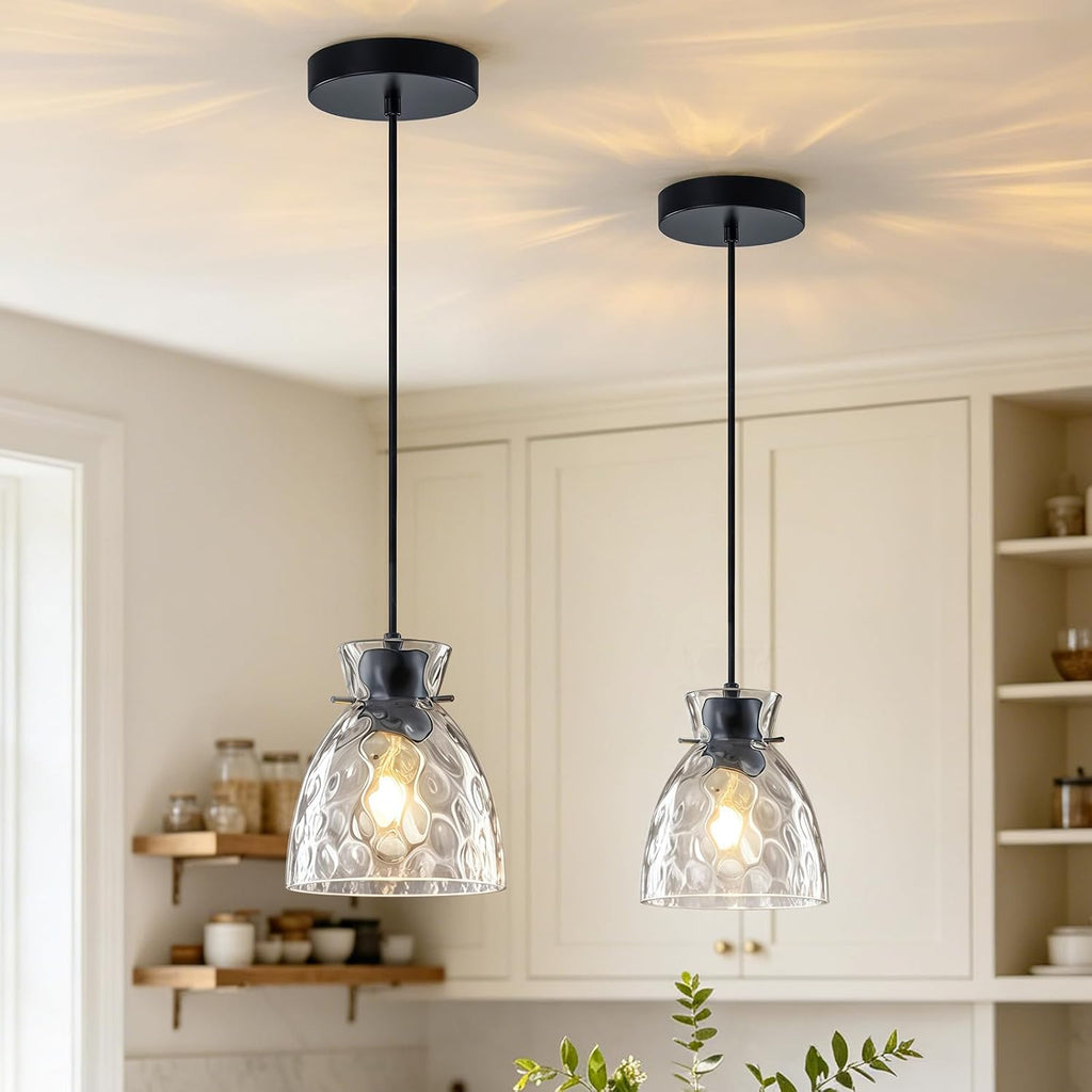 5.9” Mini Hammered Glass Black Pendant Lights Kitchen Island 2 Pack, Small Farmhouse Pendant Light Fixtures, Adjustable Modern Hanging Lighting Kitchen Pendant Lights over Island Sink Dining Room