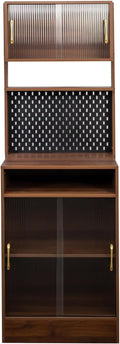 70.87" Freestanding Kitchen Sideboard, Sideboard Storage Cabinet with 2 Sliding Striped Glass Doors for Bottles, Wine, Coffee Maker, Microwave and More, Walnut