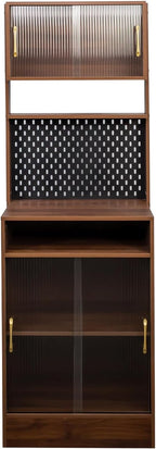70.87" Freestanding Kitchen Sideboard, Sideboard Storage Cabinet with 2 Sliding Striped Glass Doors for Bottles, Wine, Coffee Maker, Microwave and More, Walnut