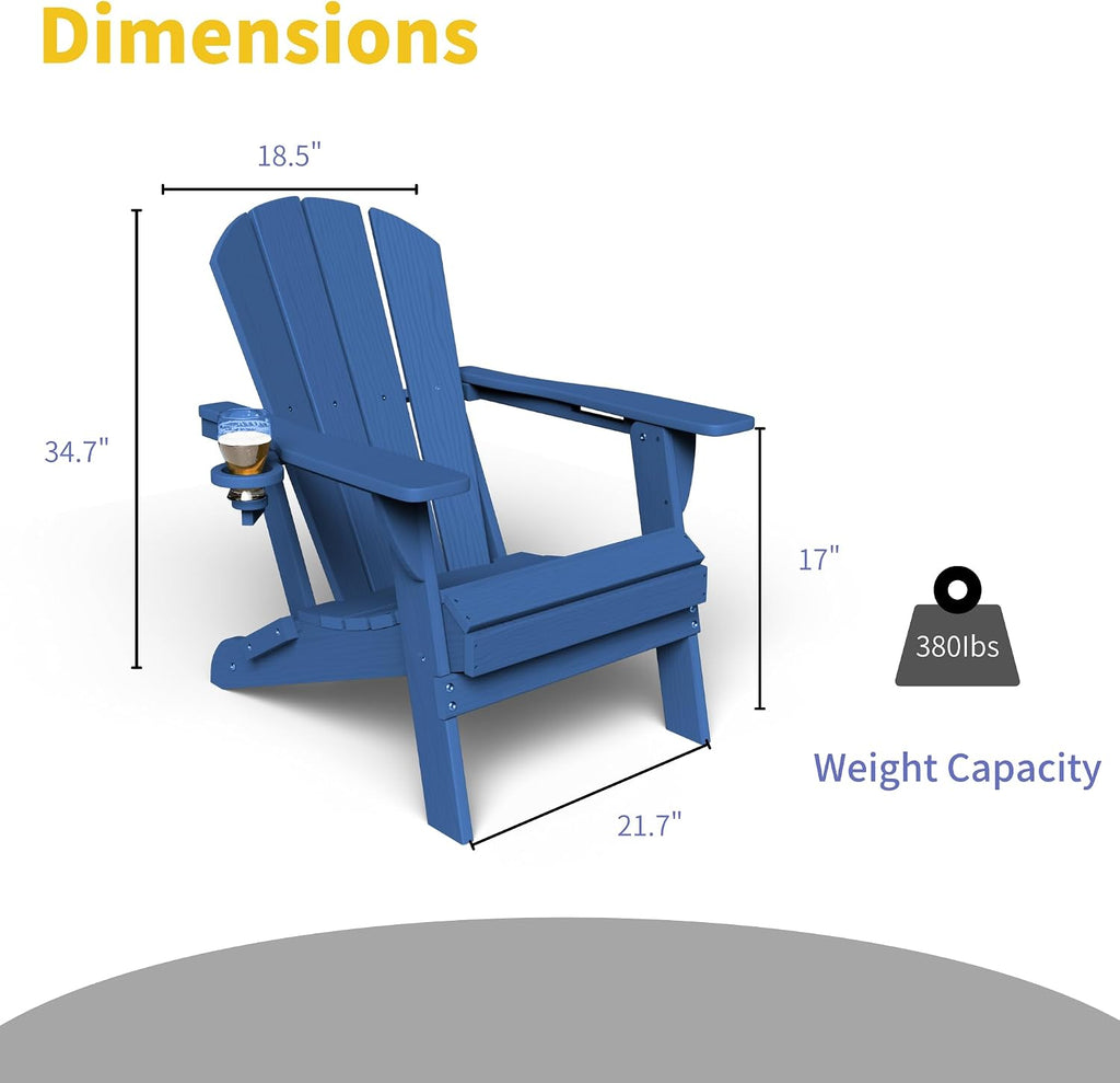 Kingdura Foldable Adirondack Chairs Set of 4, Portable HDPE All Weather Resistant Outdoor Patio Chair, Wooden Textured with Cup Holder, 380LBS Capacity for Poolside, Backyard, Fire Pit (Navy Blue)