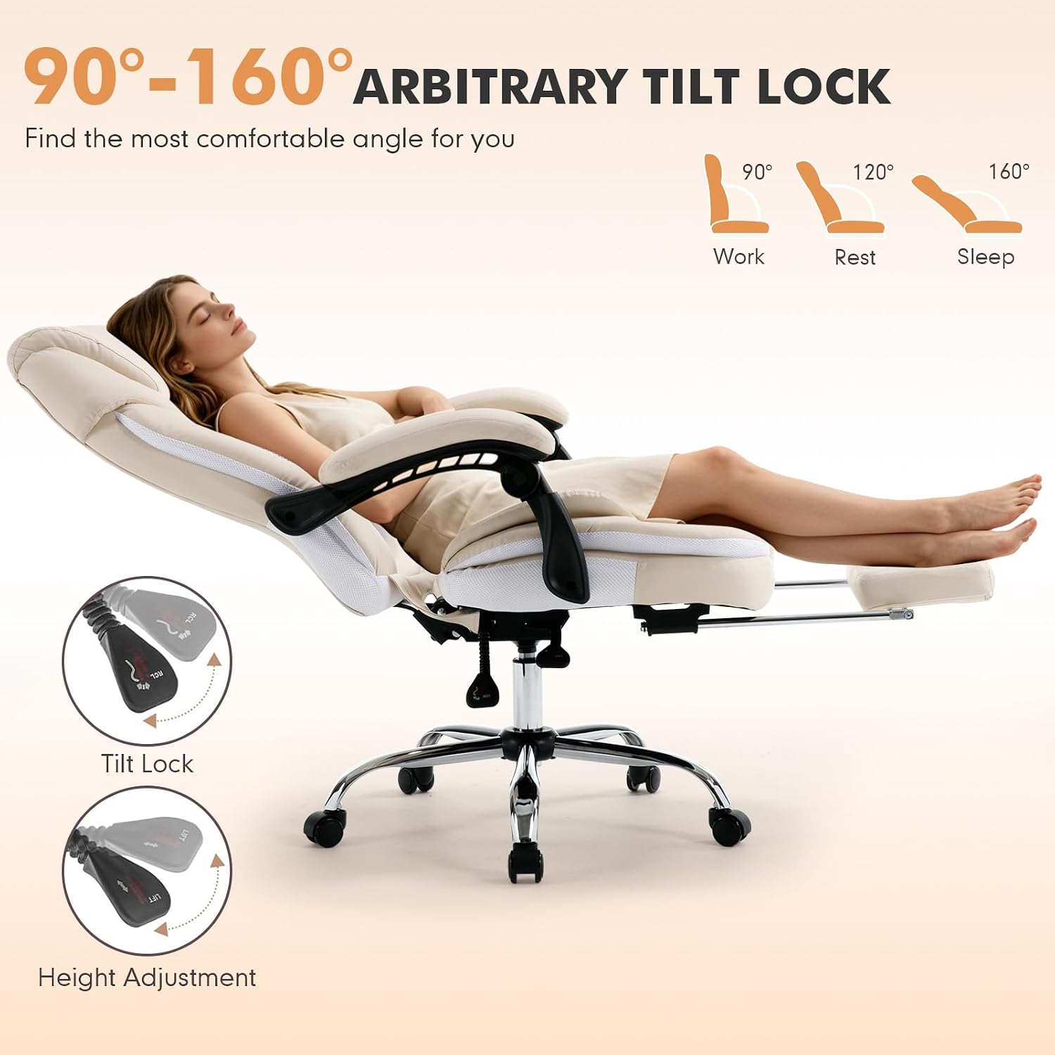 Ergonomic Fully Reclining Office Chairs with Back Support Footrest, Big and Tall Comfortable Recliner Office Desk Chair Computer Gaming Chair, Cream Beige