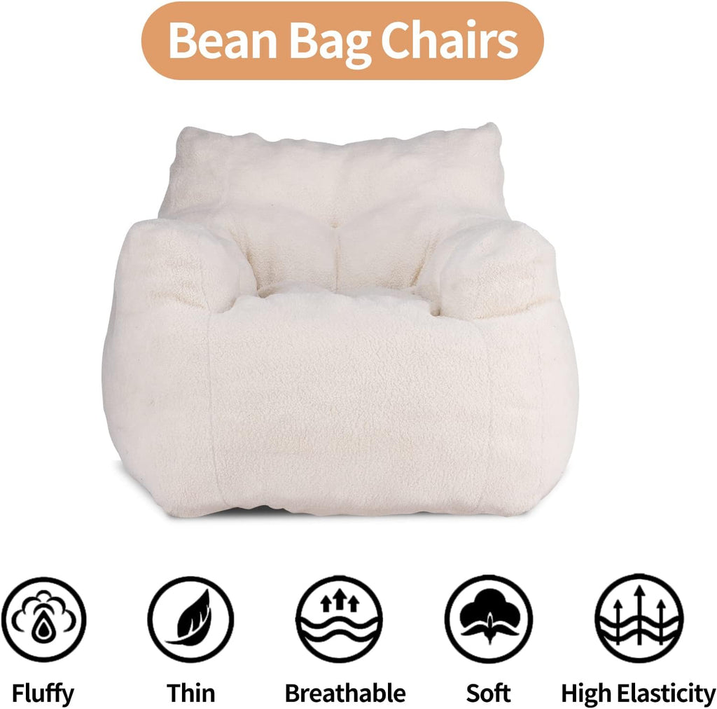 Bean Bag Chairs, Soft Tufted Foam Bean Bag Chair with Teddy Fabric for Adults and Kids, Comfy Lazy Sofa for Living Room, Bedroom (Ivory)