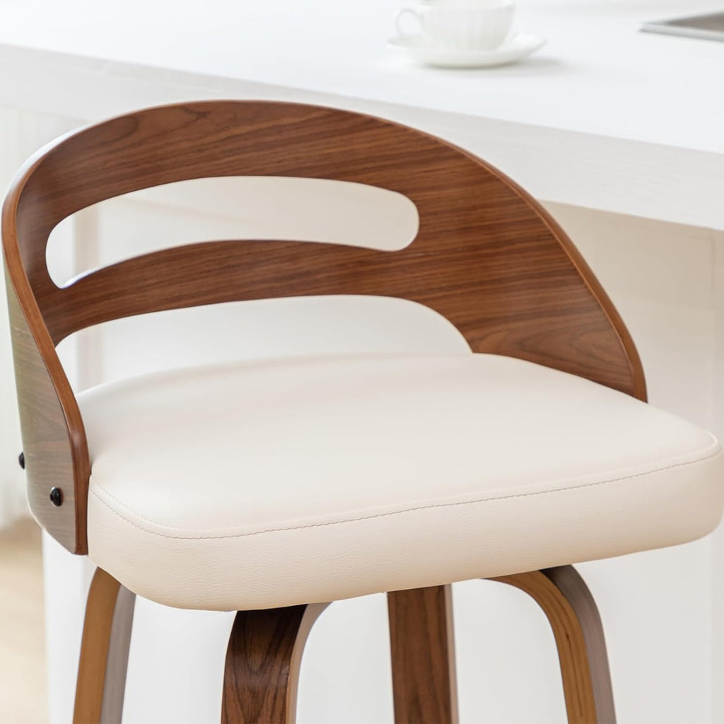 Bar Stools Set of 2, Swivel Bar Stools with Walnut Craftsmanship, Bentwood Curved Back, Upholstered Faux Leather, Soft Cushion Seat, Mid Century BarStools for Bar/Pub/Cafe (Beige, 30" Seat Height)