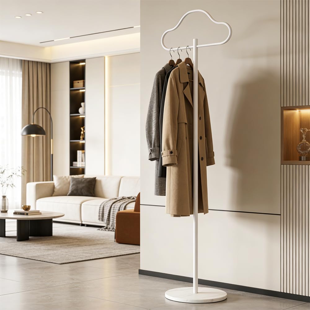 Coat Rack Freestanding Clothes Rack with Hooks & Marble Base, Heavy Duty Coat Hanger Stable Coat Stand for Entryway Bedroom, Hanging Garment Rack Hall Tree for Clothing Tie Hat Bag Purse (White Cloud)