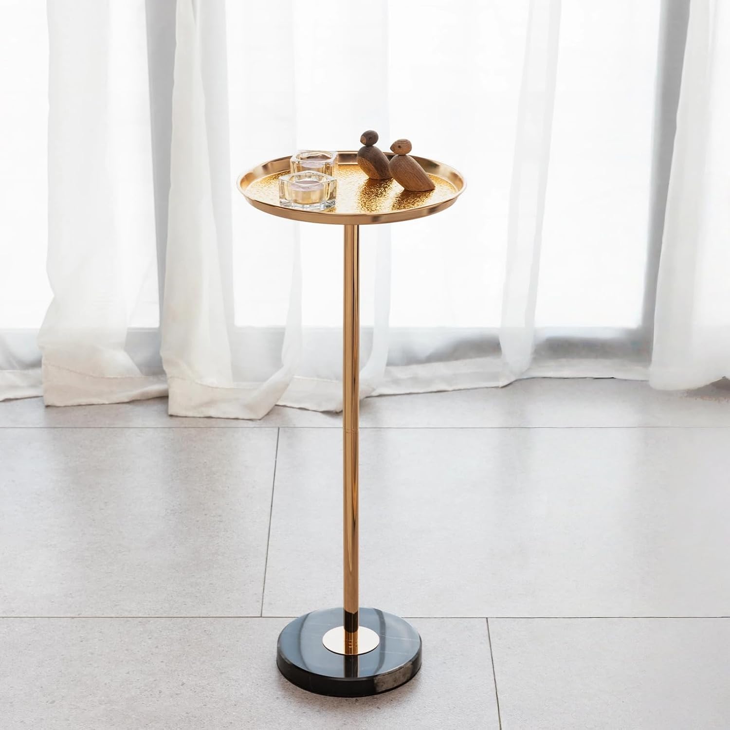Martini Table Adjustable Drink Table, Small Round Side Table with Natural Marble Pedestal Base, Gold Accent Table for Living Room Sofa Couch, Art Deco End Table for Small Spaces
