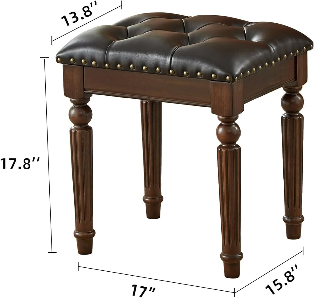 Vanity Bench Stool with Button Tufted, Solid Wood Vanity Bench Seat with Microfiber Leather Cushion for Bedroom, Dinning Roon, Entryway, Cloakroom, Study (Dark Brown)