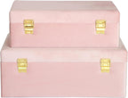 HofferRuffer Velvet Storage Trunks with Wood Frame, Set of 2 Storage Chests with Handles, Bedroom Organizer Nesting Upholstered Decorative Boxes Hinged Lid with Gold Hardware Accents (Pink Trunks)