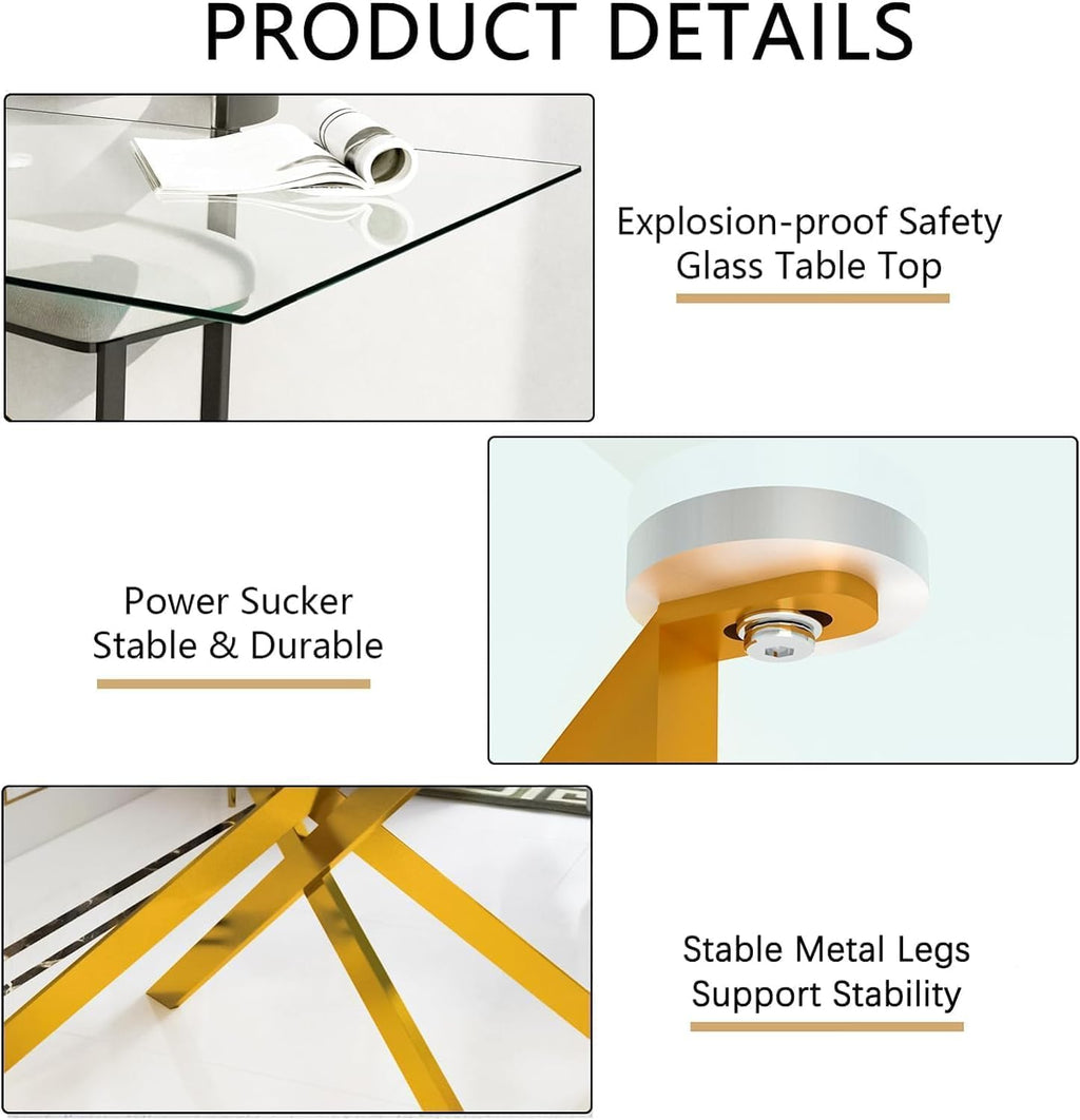 Modern Dining Table for 6 People, 51" Rectangle Dining Room Table with Gold Chrome Metal X-Base, Rectangular Tempered Glass Dining Table, Kitchen Dining Room Tables Luxury Dinner Table