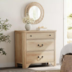 WAMPAT Farmhouse Nightstand with 3 Drawers, 31.5 Inch Wood Bedside Table Nightstand with Vintage Handles, Wide Sofa Side End Table Chest of Dresser for Living Room, Bedroom, Oak