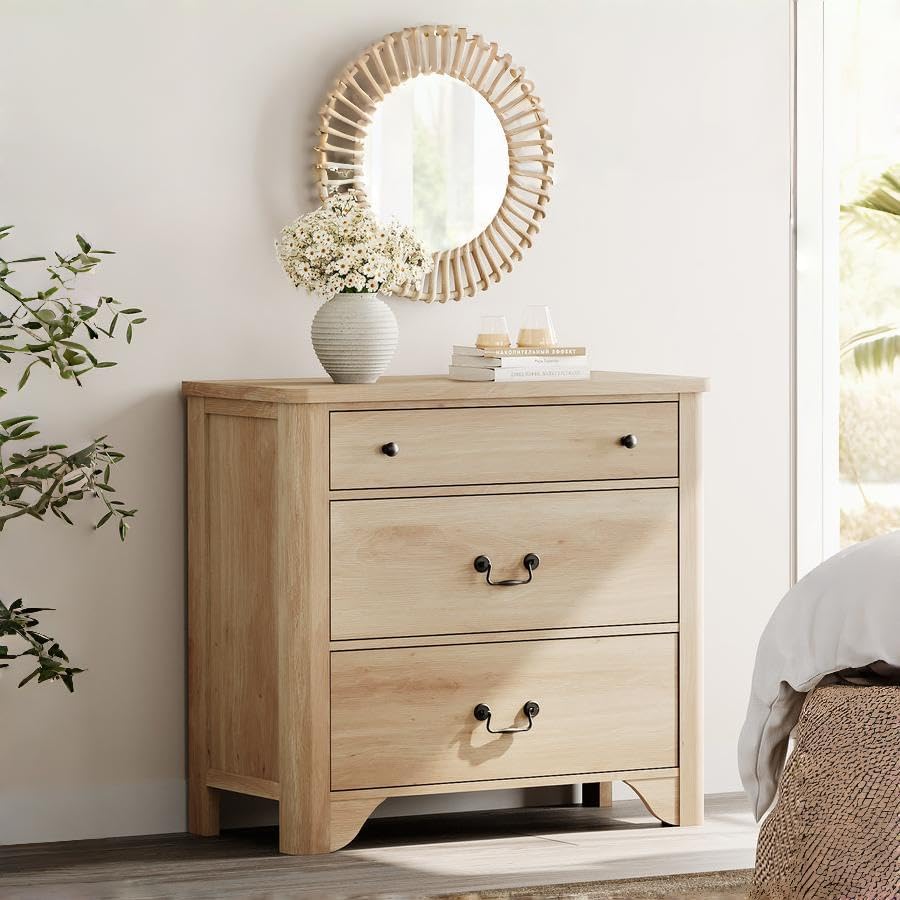 WAMPAT Farmhouse Nightstand with 3 Drawers, 31.5 Inch Wood Bedside Table Nightstand with Vintage Handles, Wide Sofa Side End Table Chest of Dresser for Living Room, Bedroom, Oak