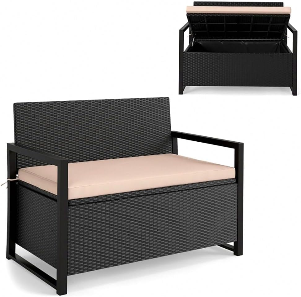 Outdoor Storage Bench PE Rattan Woven Rattan Pattern Brown 24.5x46x33.5in 40Gal Compartment 800lb Capacity Seat Cushion Included