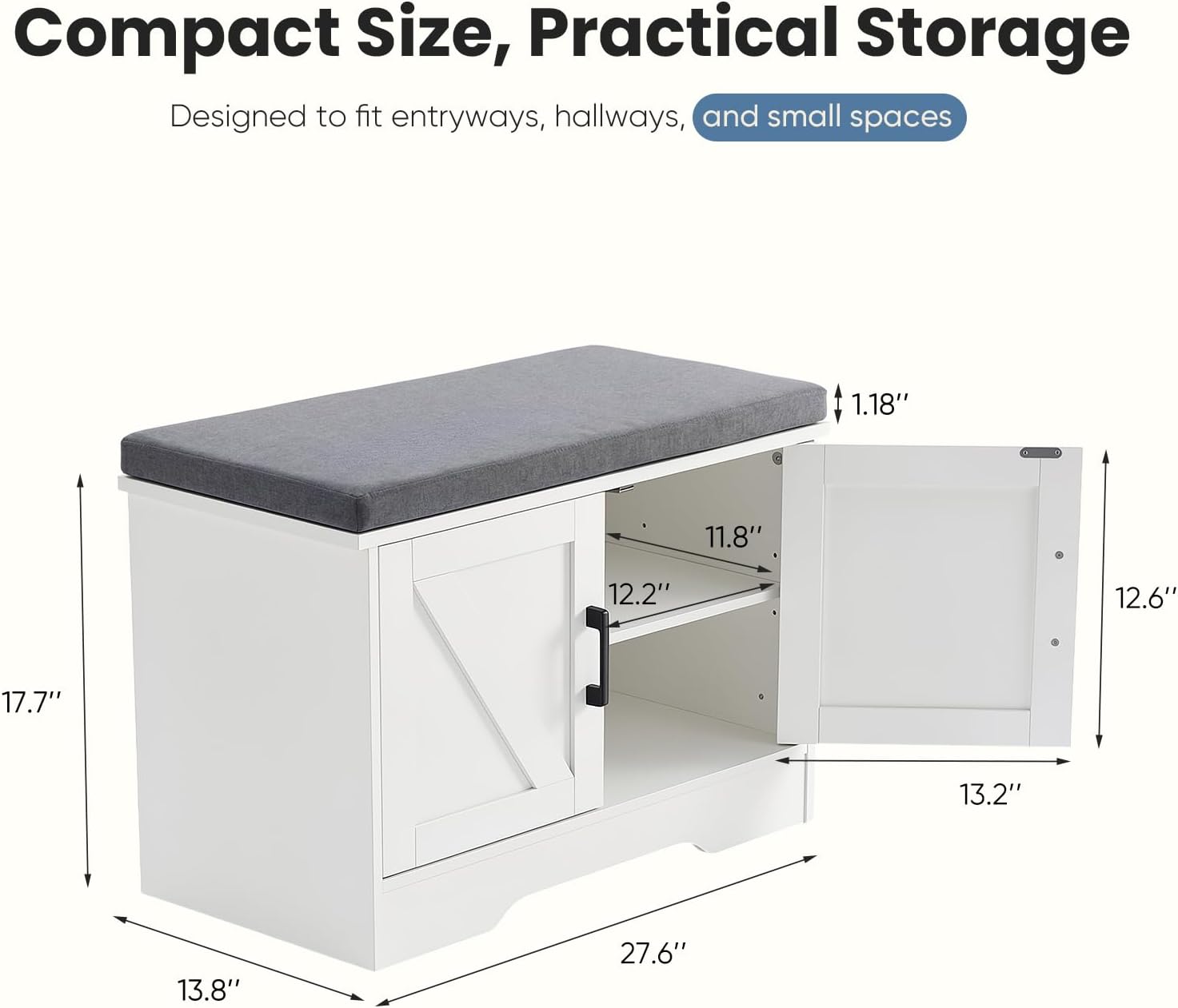 NEWBULIG Shoe Storage Bench for Entryway with Cushion, 27.6IN, White | Shoe Organizer Cabinet with Padded Cushion and Doors, Adjustable Shelves, Shoes Bench for Hallway, Mudroom, Bedroom