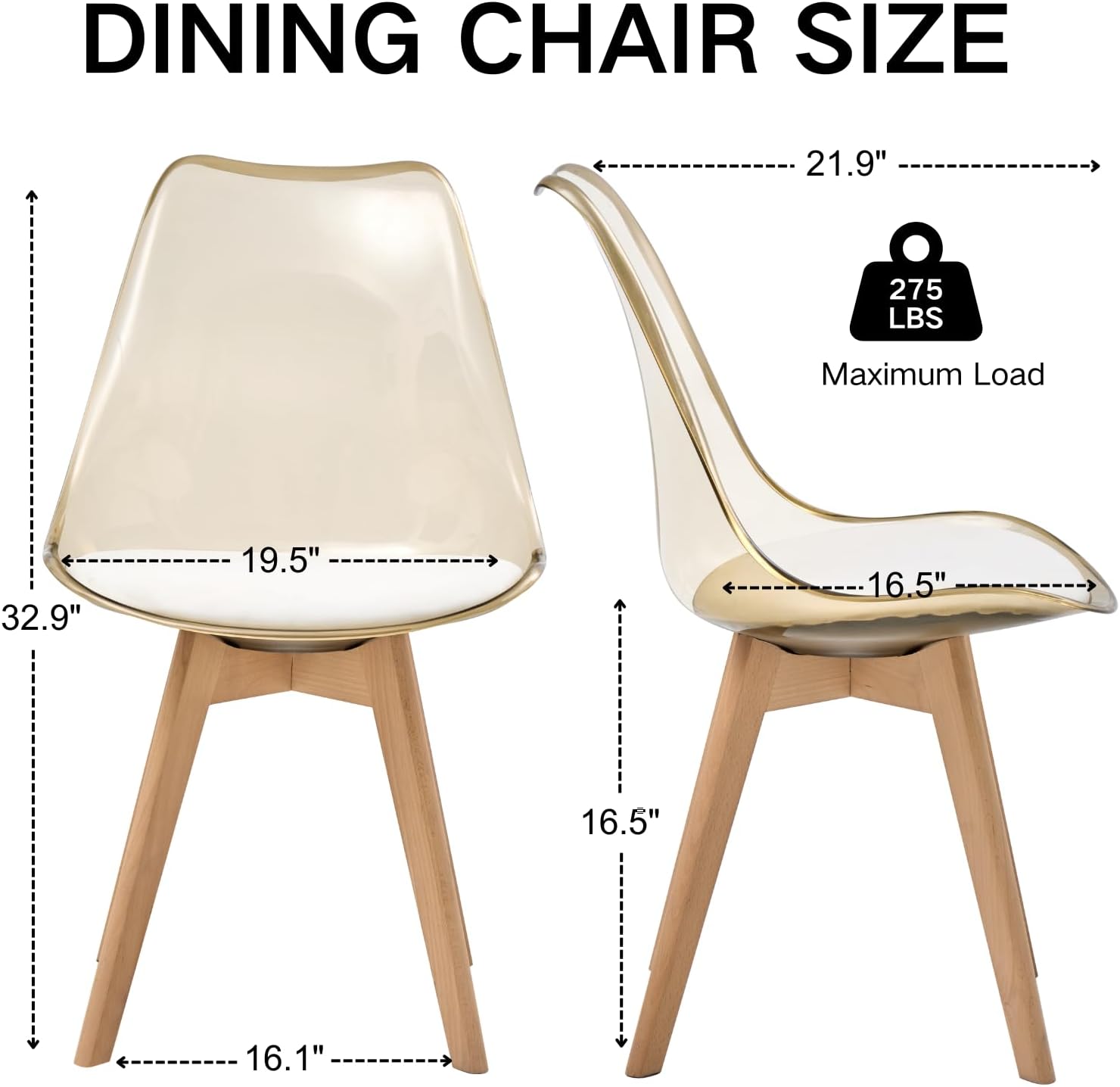 Dining Chairs Set of 4, Clear Acrylic Mid Century Modern Kitchen Chairs with Soft Padded and Wood Legs for Dinner Living Waiting Room Bedroom, Light Brown