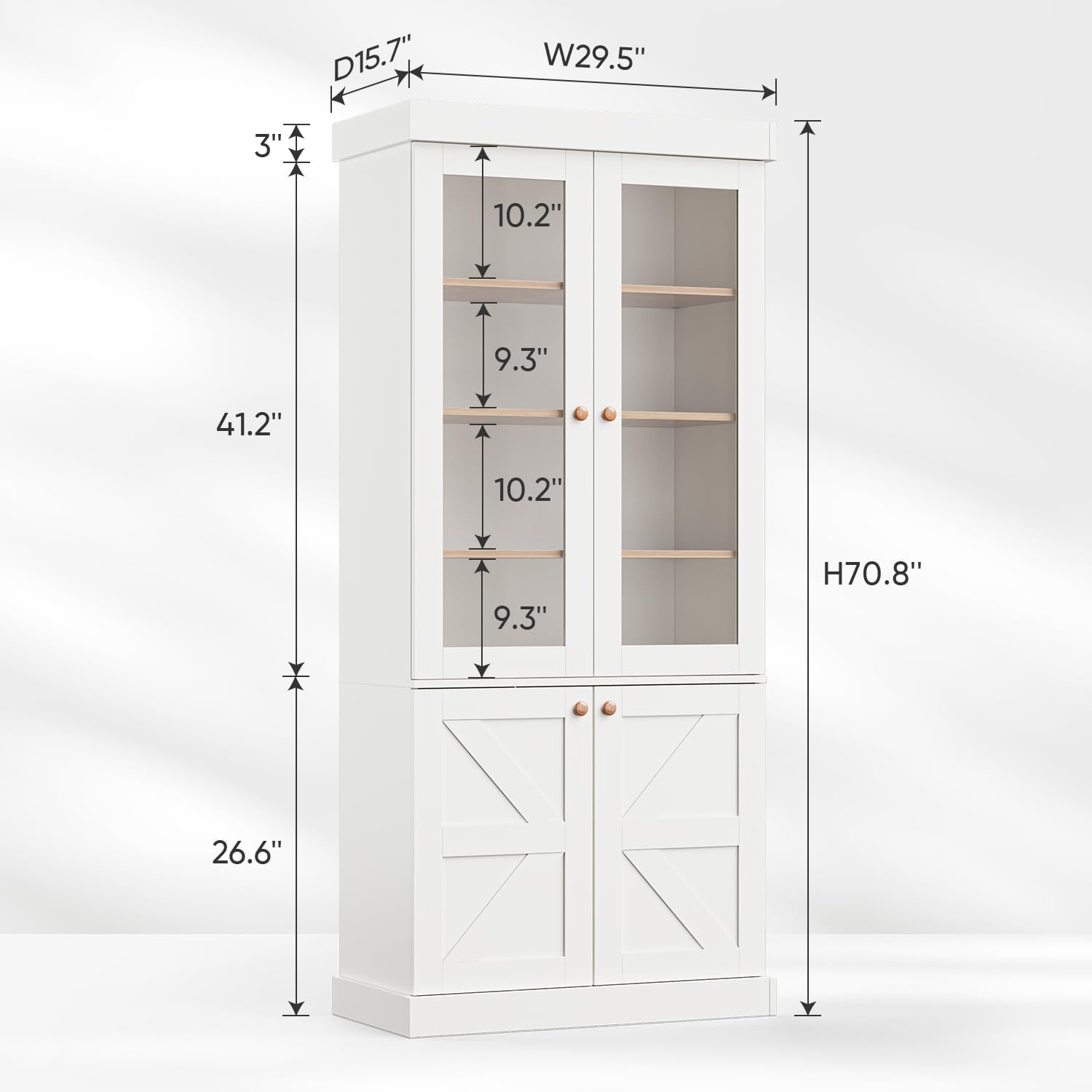 Vyre 71" Tall Farmhouse Kitchen Pantry, Set of 4 Large Storage Cabinets with Glass Doors, Adjustable Shelves, Wood Versatile Hutch Cabinet for Living Room, White