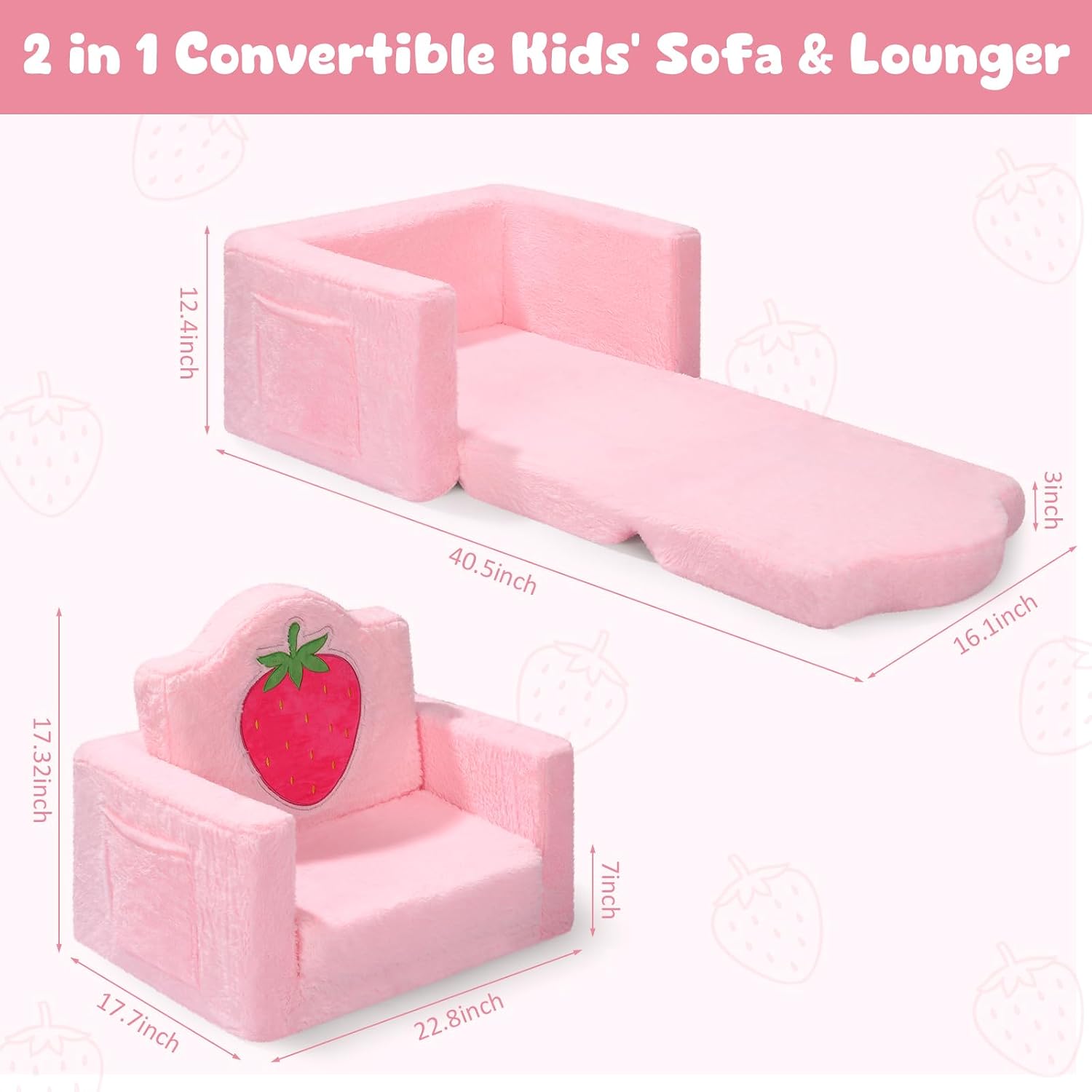 Novabright Kids Chair or Couch for Toddler, 2-in-1 Soft Foldable Couch, Comfy Toddler Chair, Convertible Sofa to Lounger, Gifts for Kids Girl Boys for Birthday, Children's Day (Strawberry)