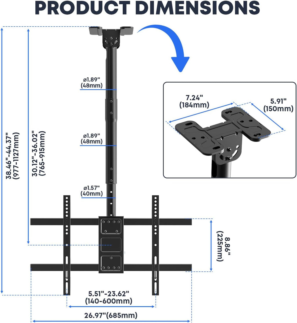 TV Ceiling Mount for Most 43-86 inch TV up to 132lbs, Adjustable Height Ceiling Mount TV Bracket with Swivel, Tilt, Fits Pitched/Vaulted Roof, Max VESA 600x400mm