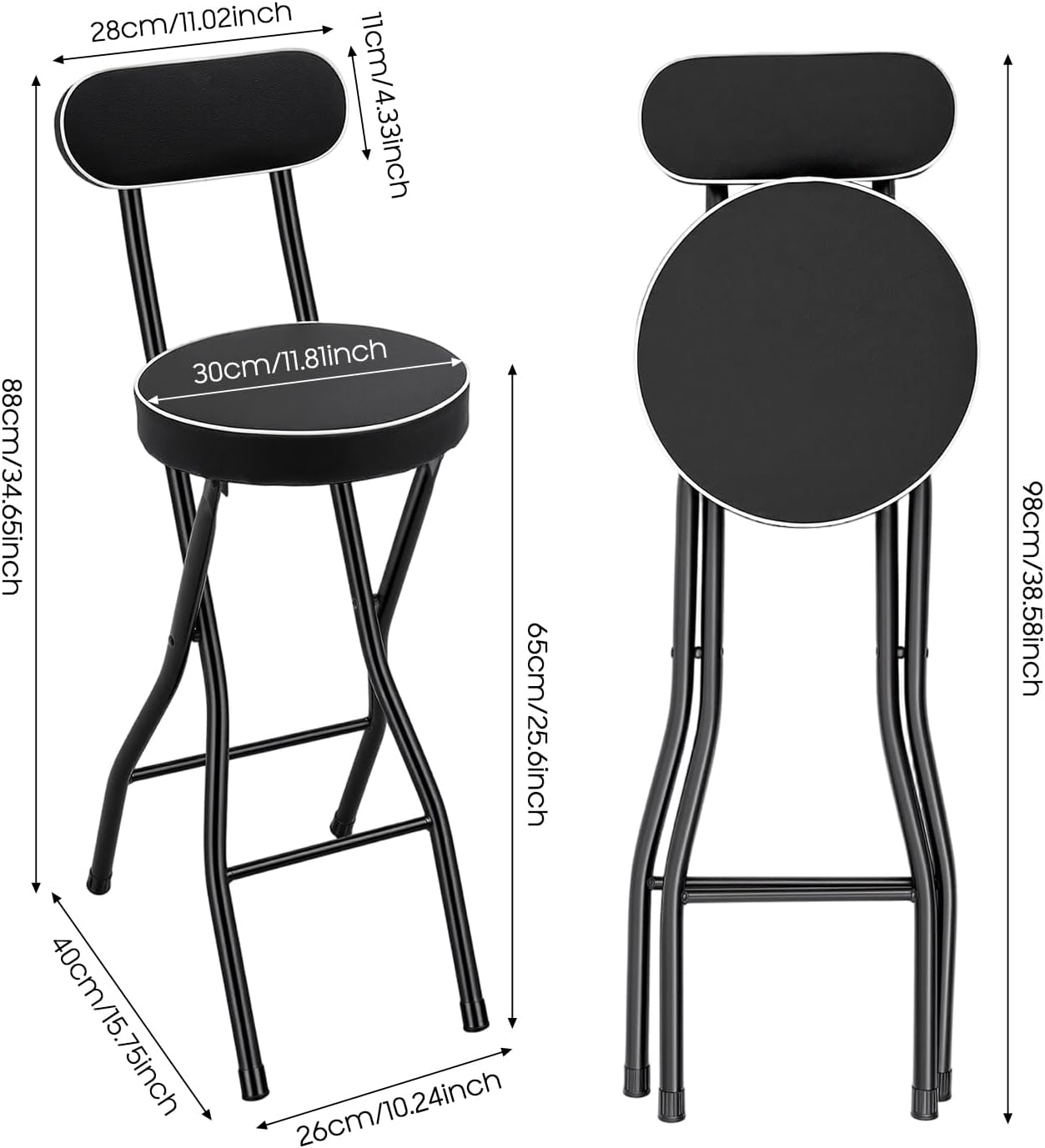 2 Pcs Folding Bar Stool with Backrest & Footrest, 25.6'' Portable Collapsible Counter Height Chair Leather Padded for Home Camping Kitchen Island Shop Cafe, 275.58 lbs Capacity (Black)