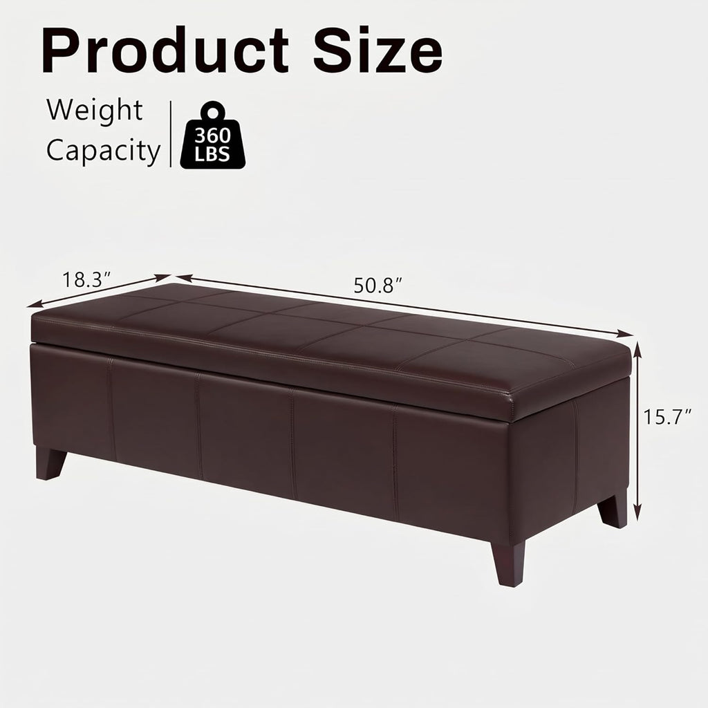 51 Inch Storage Ottoman Bench, Faux Leather Foot Rest with Hinged Lid, Long Rectangle Bed Bench for Living Room, Bedroom, Entryway, Coffee Brown