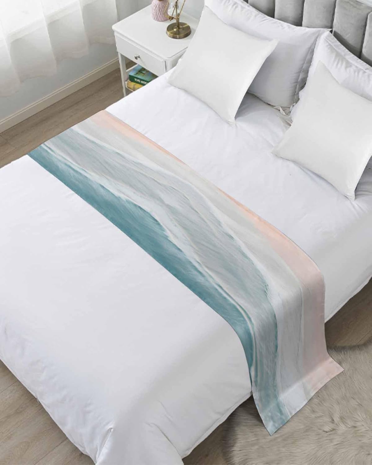 DecorLovee Summer Beach Bed Runners for Queen Size Bed, Ocean Coastal Bed Throws for Foot of Bed, Sea Nautical Bed Runner
