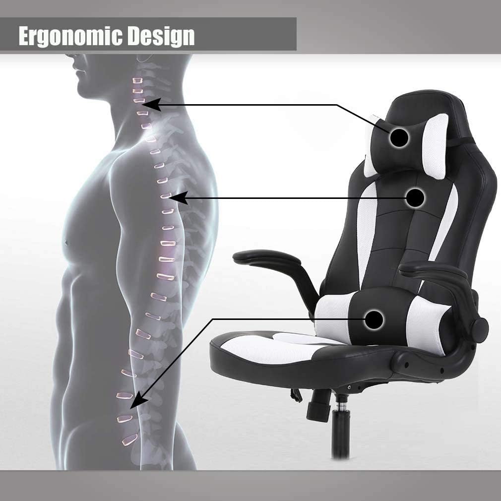FDW Gaming Chair Racing Style Office Chair High Back Desk Chair Executive PU Leather Rolling Task Swivel Computer Chair with Lumbar Support Headrest, White
