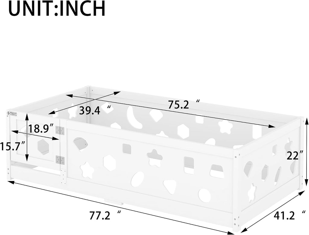 Twin Size Floor Bed with Heightened Safety Guardrails and Door, Solid Wood Bede with Rails for Girls, Boys, Teens, Child Bedroom, Playroom, No Slats Included, White