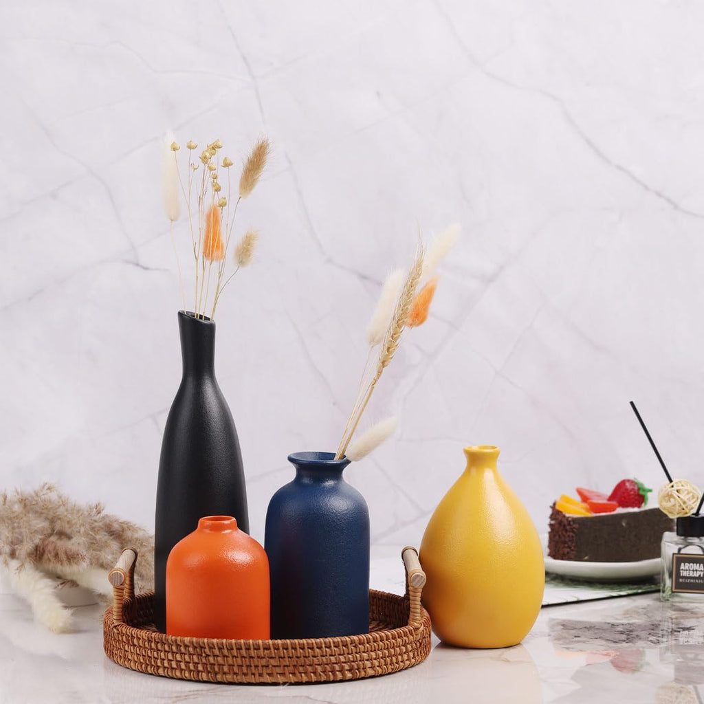Colorful Ceramic Bud Vases Set of 4 - Modern Yellow, Orange, Blue Small Vases for Home Decor - Ideal for Living Room, Kitchen, Office, Bathroom, Mantle, Entrance, Farmhouse & Coffee Table Decorations
