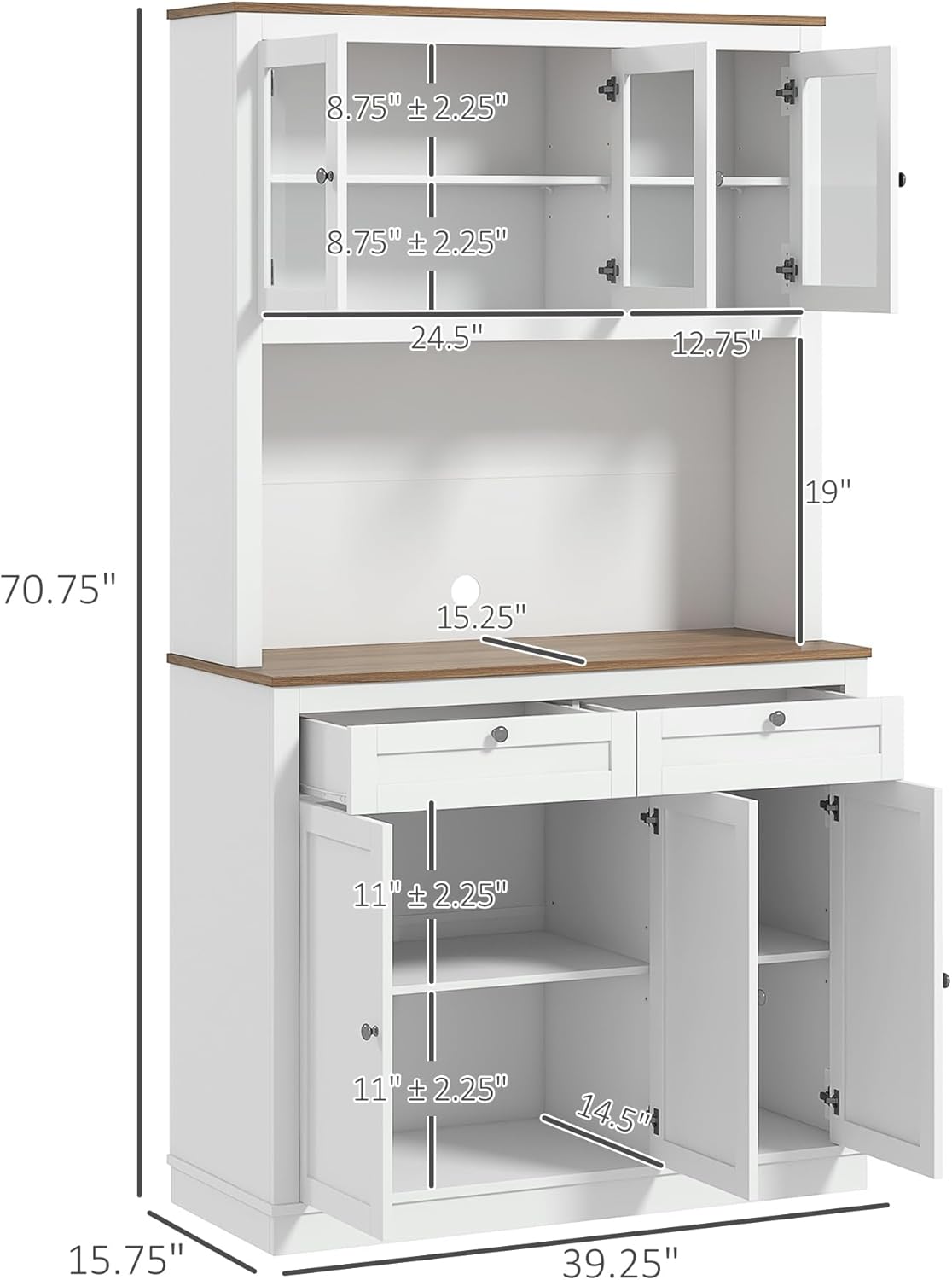 71" Tall Kitchen Pantry Storage Cabinet with Microwave Stand, Freestanding Buffet with Hutch 2 Drawers Adjustable Shelves and Glass Doors for Kitchen, Dining Room, White