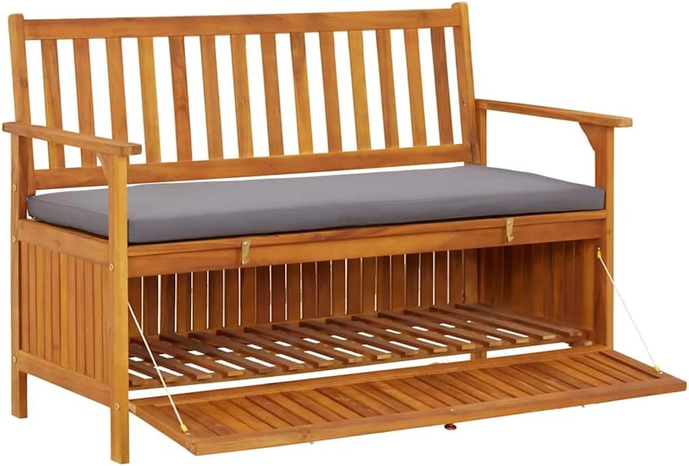 Solid Acacia Wood Patio Storage Bench 47.2 Inch with Cushion, Outdoor Garden Seat with Large Storage Compartment, Rustic Wooden Bench for Home and Garden