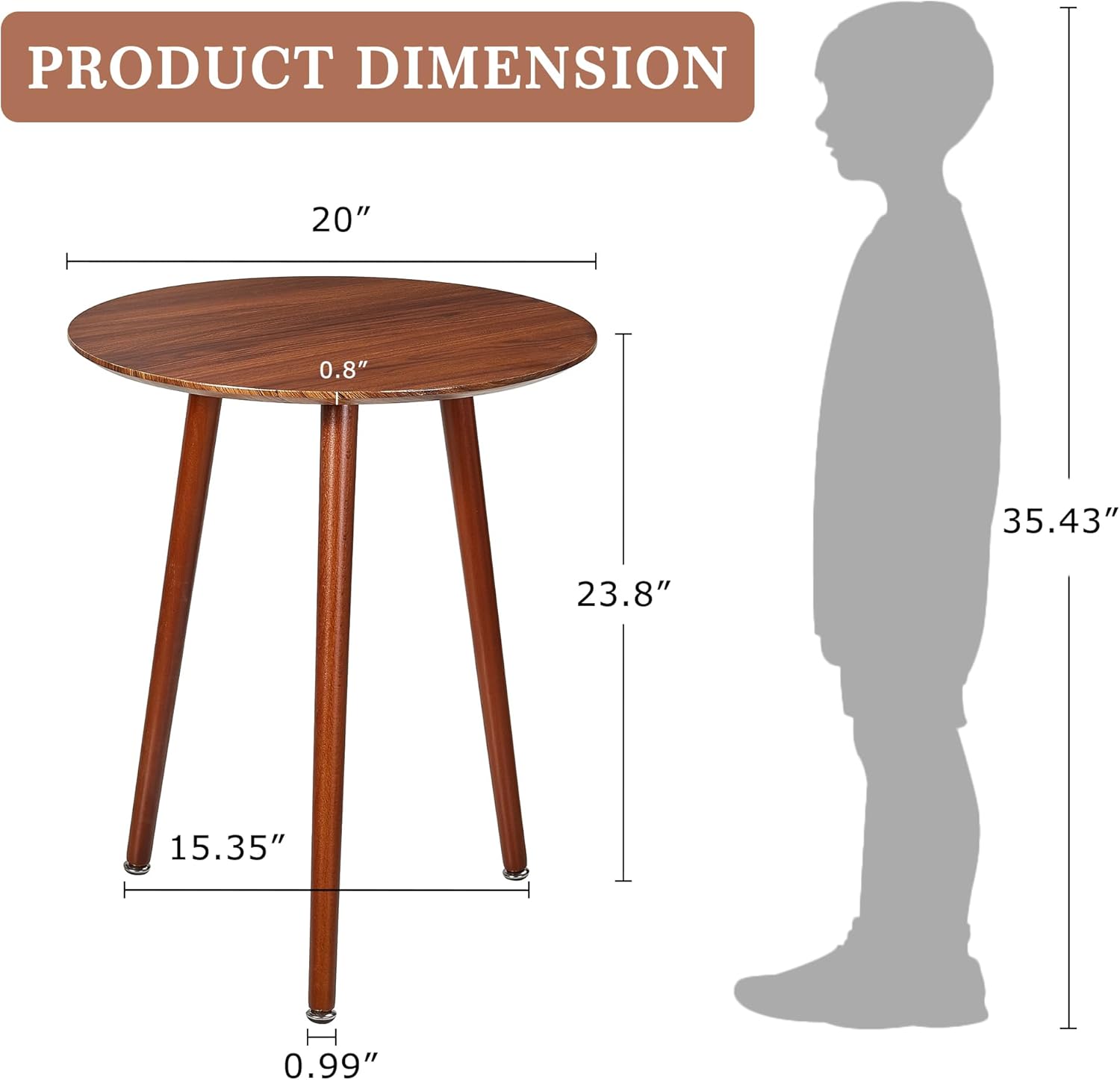 VECELO Round Side Table, Small End Table for Indoor Outdoor, Wooden Bedside Table with Non-Slip Foot Pads, 3-Legged Nightstand for Living Room Bedroom Bathroom, 20" x 20" x 23.8",Rustic Walnut