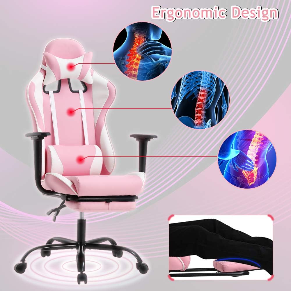 Pink Gaming Chair Office Chair Desk Chair for Girls, High Back Ergonomic PC Racing Chair w/Lumbar Support & Retractable Footrest PU Leather Recliner Swivel Cute Computer Game Chair for Women
