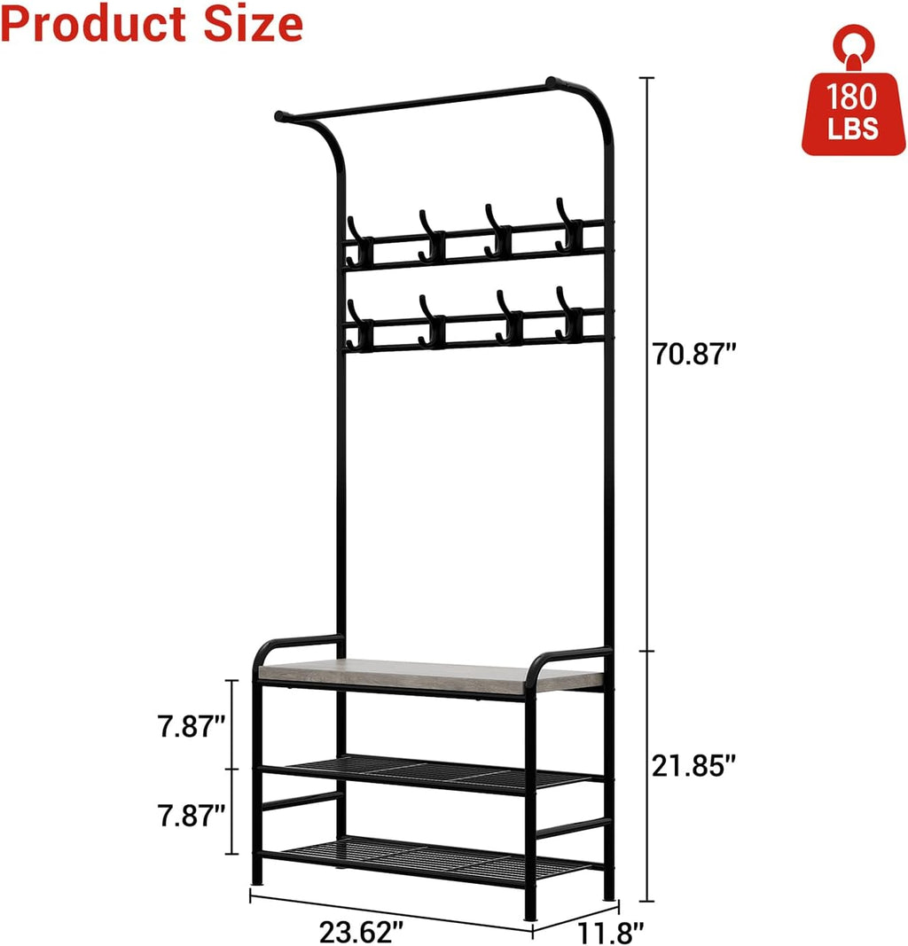 GarveeHome Hall Tree Shoe Bench, 4 in-1 Entryway Storage Bench with 8 Sturdy Hooks, Freestanding Coat Rack for Small Spaces, Apartments, Bedroom, Rustic Gray