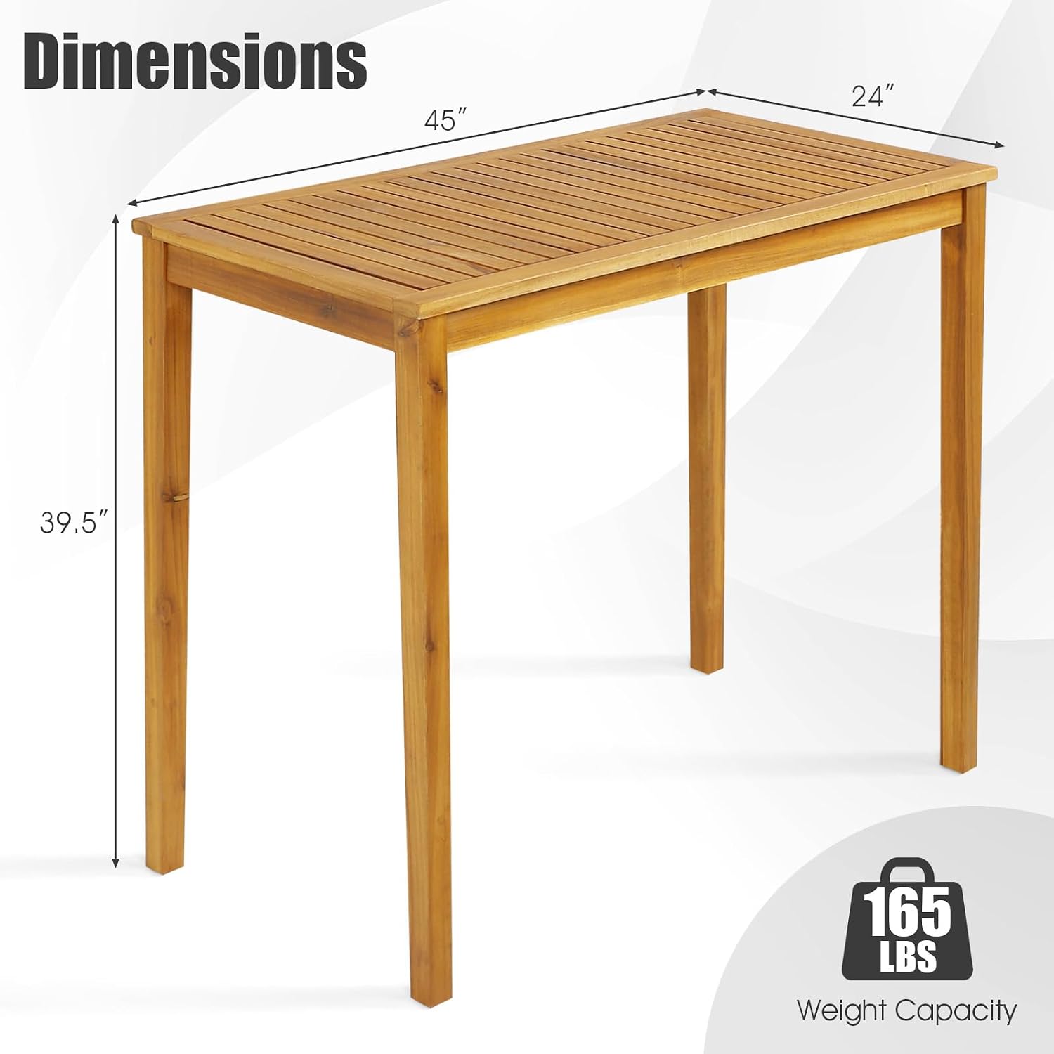 Tangkula Outdoor Acacia Wood Bar Table, 45” Rectangular Bar Height Farmhouse Rustic Dining Table with Slatted Tabletop, for Patio Porch Garden Deck, Teak Finish