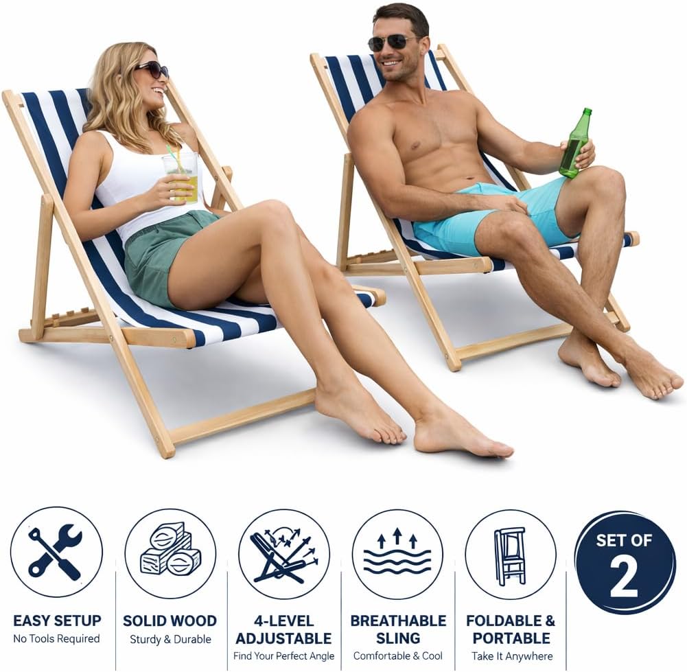 Blue Stripe Beach Sling Chair Set of 2, Foldable Wooden Beach Chairs with 4-adjustble Back, Outdoor Sling Chair for Patio Garden Swimming Pool (2)